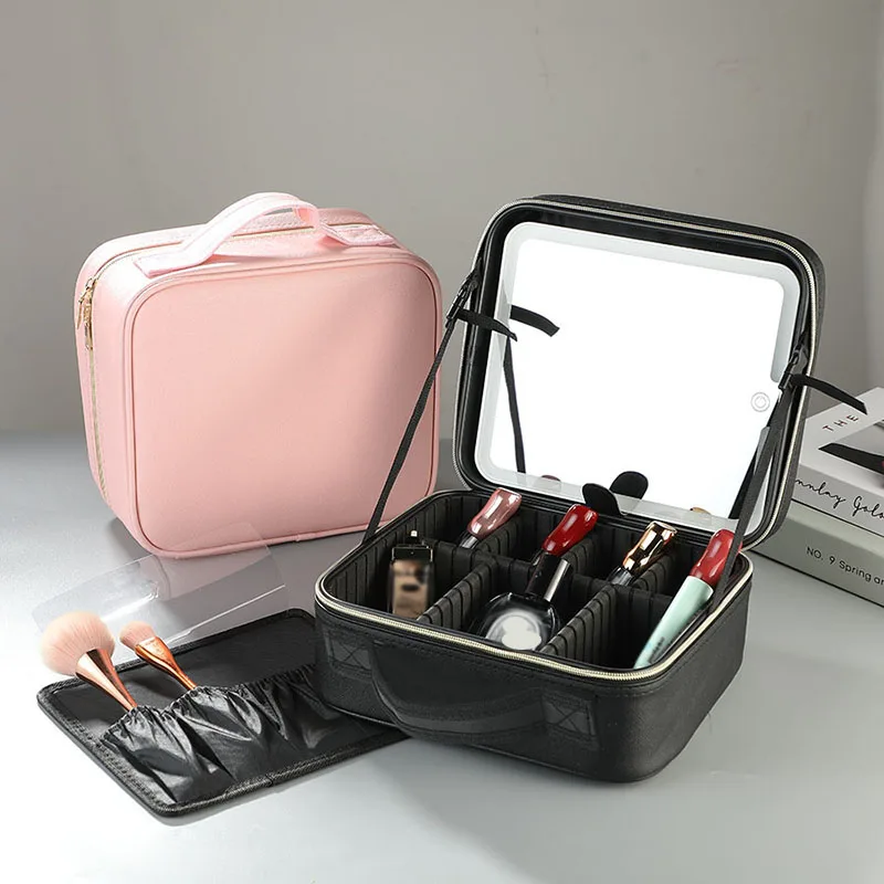 New LED Lighted Cosmetic Case with Mirror Waterproof PU Leather Portable Travel Makeup Storage Bags