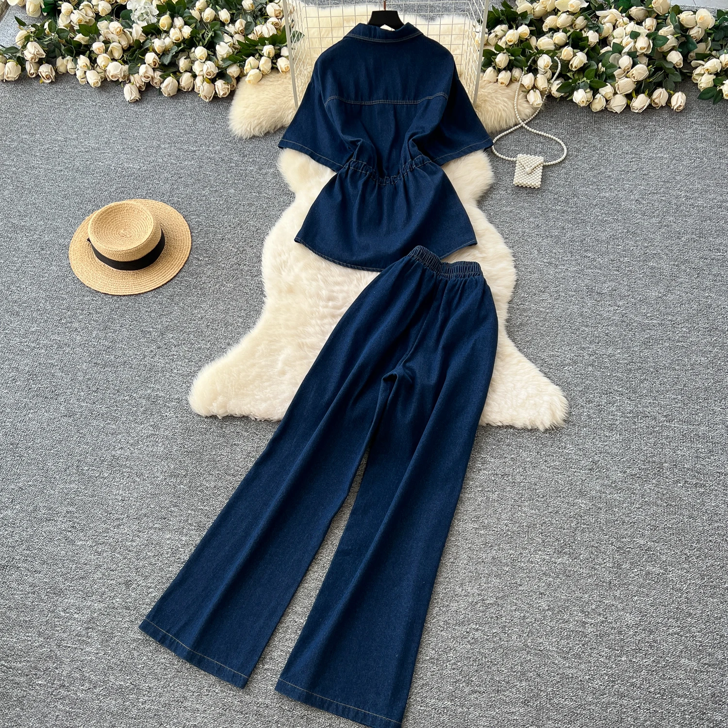 

Vintage Denim Women Long Pants Sets Summer Drawstring Slim Waist Shirts+High Waist Wide Leg Trouser Lady Fashion Suit