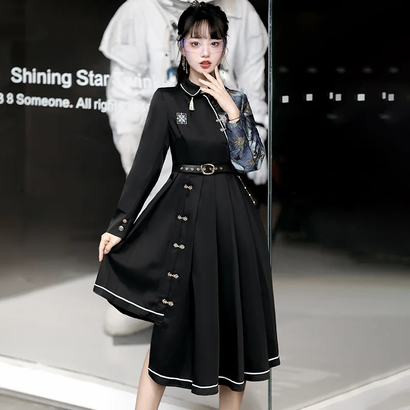 Chinese style Hanfu female element clothing daily dark embroidered vintage dress clothing