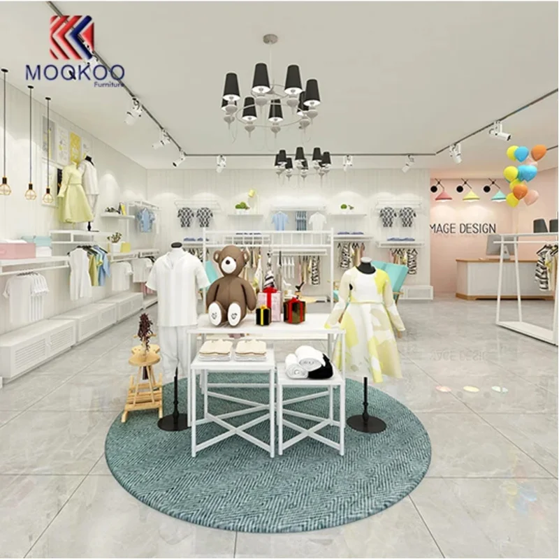 custom.Custom Modern Fashion Retail Clothes Kids Store Display Fixture with Metal Freestanding 5-Shelf Design Indoor Us