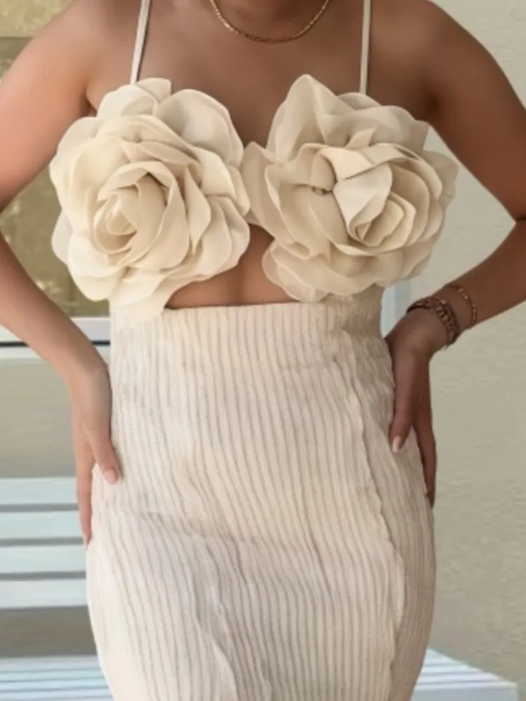 3D Bloemen Spaghetti Jurken Vrouwen Mode Sexy Hollow Out Backless Pakket Hippe Feestjurk Ontwerp Gevoel Banket Vestidos