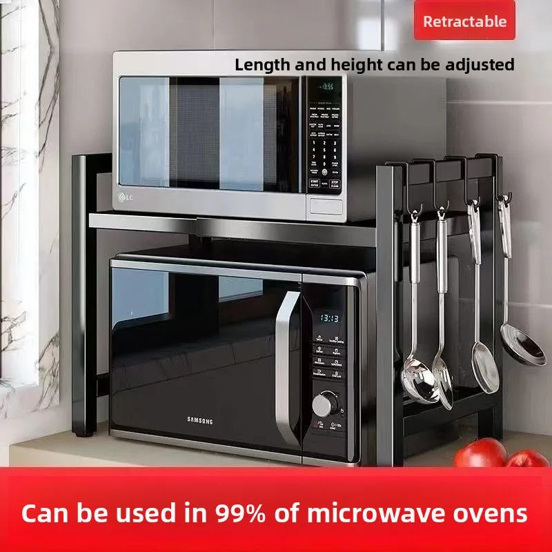 Expandable Carbon Steel Microwave Oven Rack Adjustable Width Countertop Storage Shelf Optional Hooks Cutting Board Holder