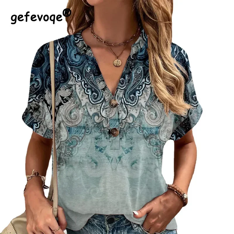 New Women's Fashion Street Leisure Comfortable Versatile V-neck Printed Twist Button Short Sleeve Top