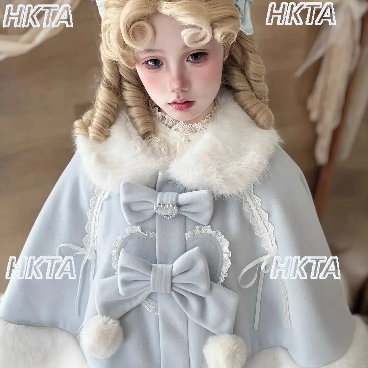 

Новая милая зимняя теплая кружевная куртка с бантом и плюшевой строчкой, белая накидка, женская кавайная милая куртка с кукольным воротником в стиле Лолиты, женские шерстяные пальто