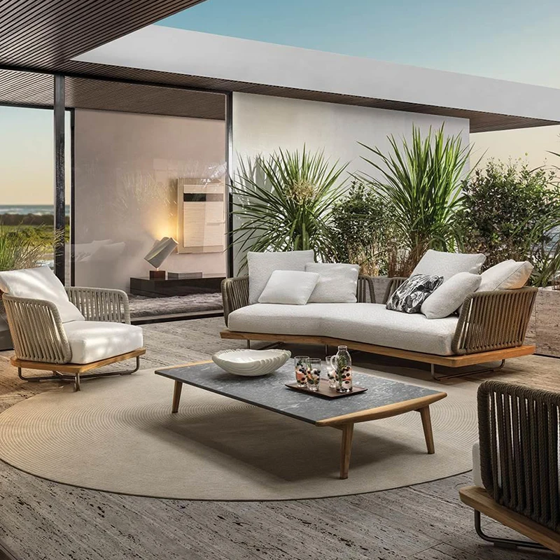Modern luxury aluminum rope sofa set, weather-resistant, waterproof, fast-drying and rust-proof villa hotel outdoor furniture