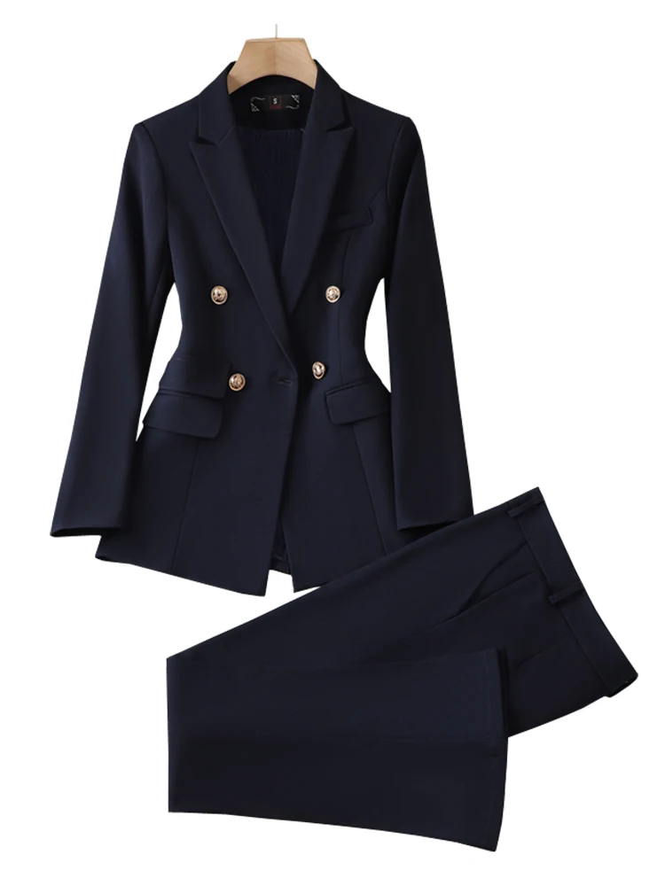 

Костюм женский деловой из блейзера и брюк, черный белый темно-синий комплект из 2 предметов для работы в офисе