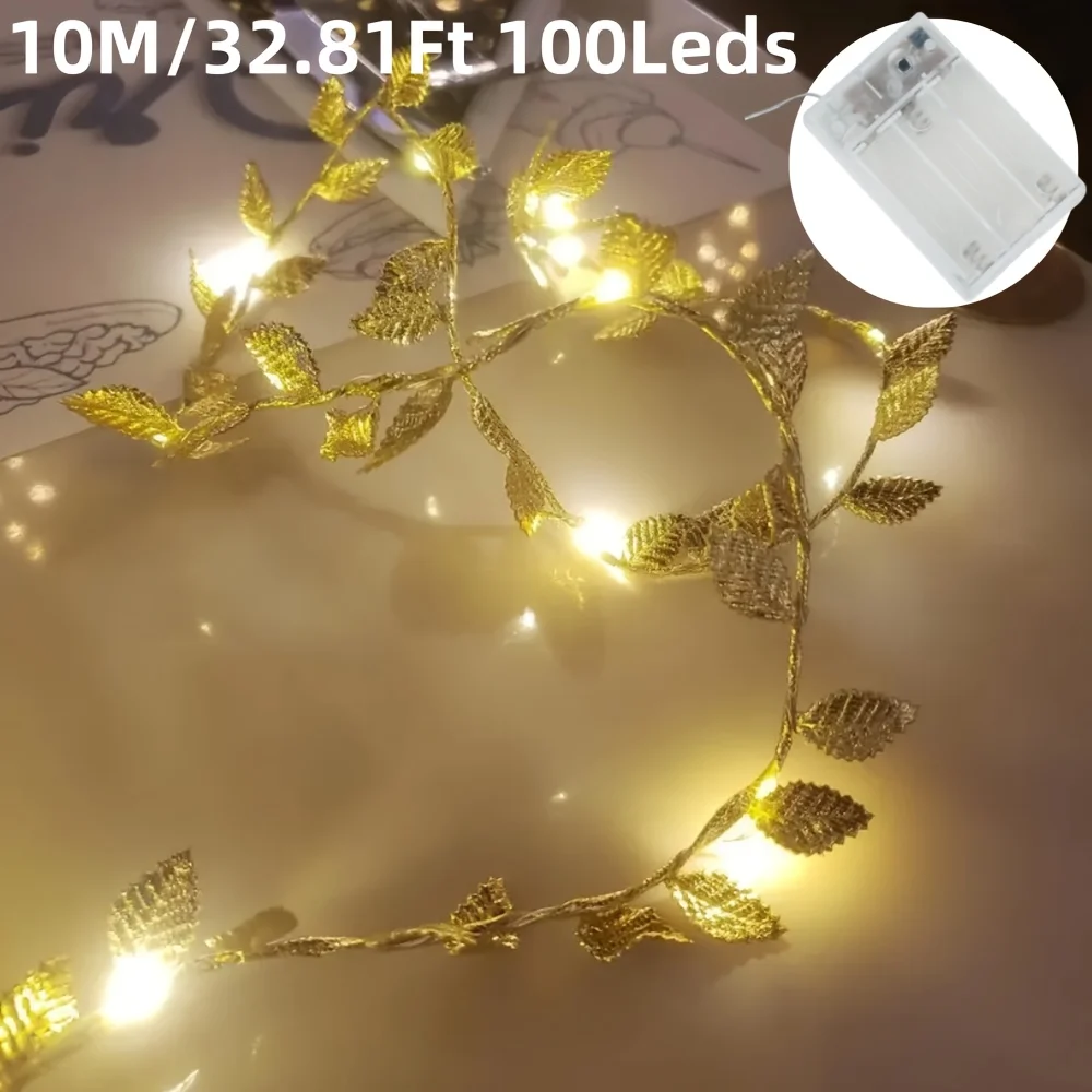2/5/10m Golden Tiny Leaves Fairy Light Battery Powerd Led Copper Wire String Lights for Wedding Home Party DIY Xmas Decor