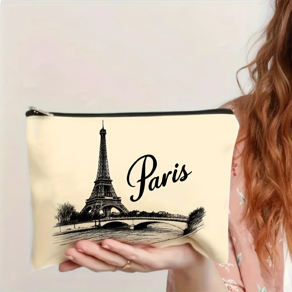 Un sac de maquillage imprimé sur le thème de Paris - pochette multifonctionnelle à fermeture éclair, sac de rangement de bijoux, petit sac de rangement à fermeture éclair de voyage parfait.