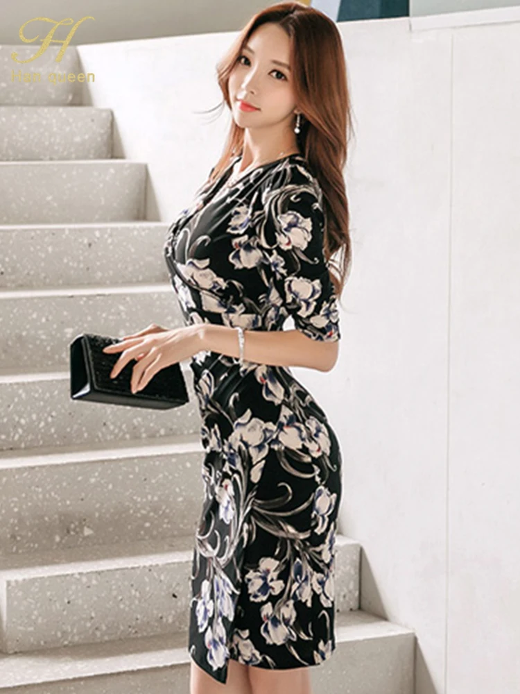 H Han Queen Hot Sales Elegant Fashion V-Neck Slim Print Vintage Pencil Dress Womens Simple Dresses Casual Party Office Vestidos