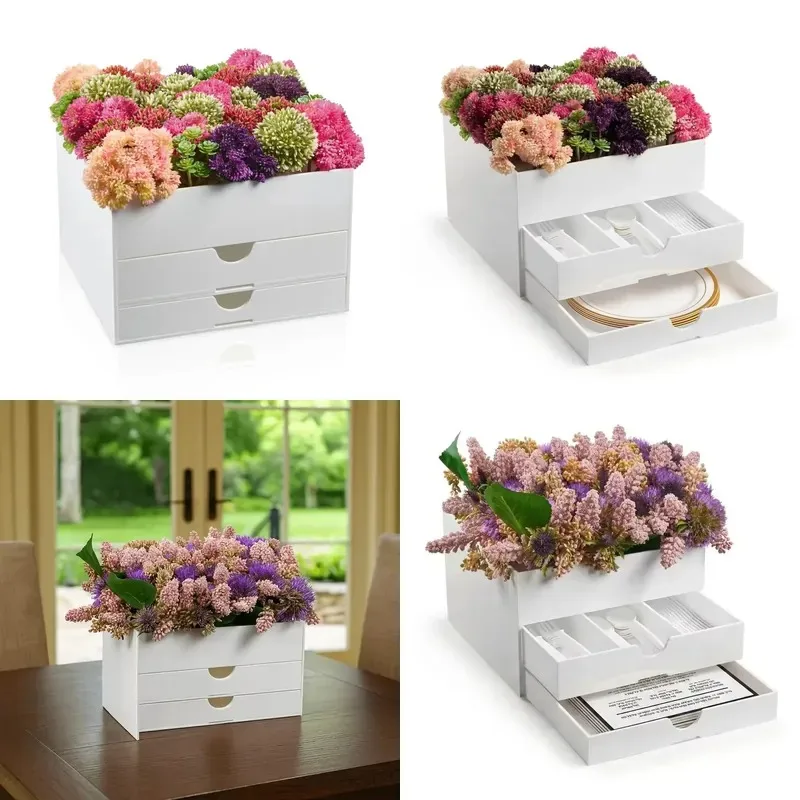 Custom Matte Acrylic Multi Drawer Tableware Storage Box Floral Pattern Top Plexiglass Separated Cabinet