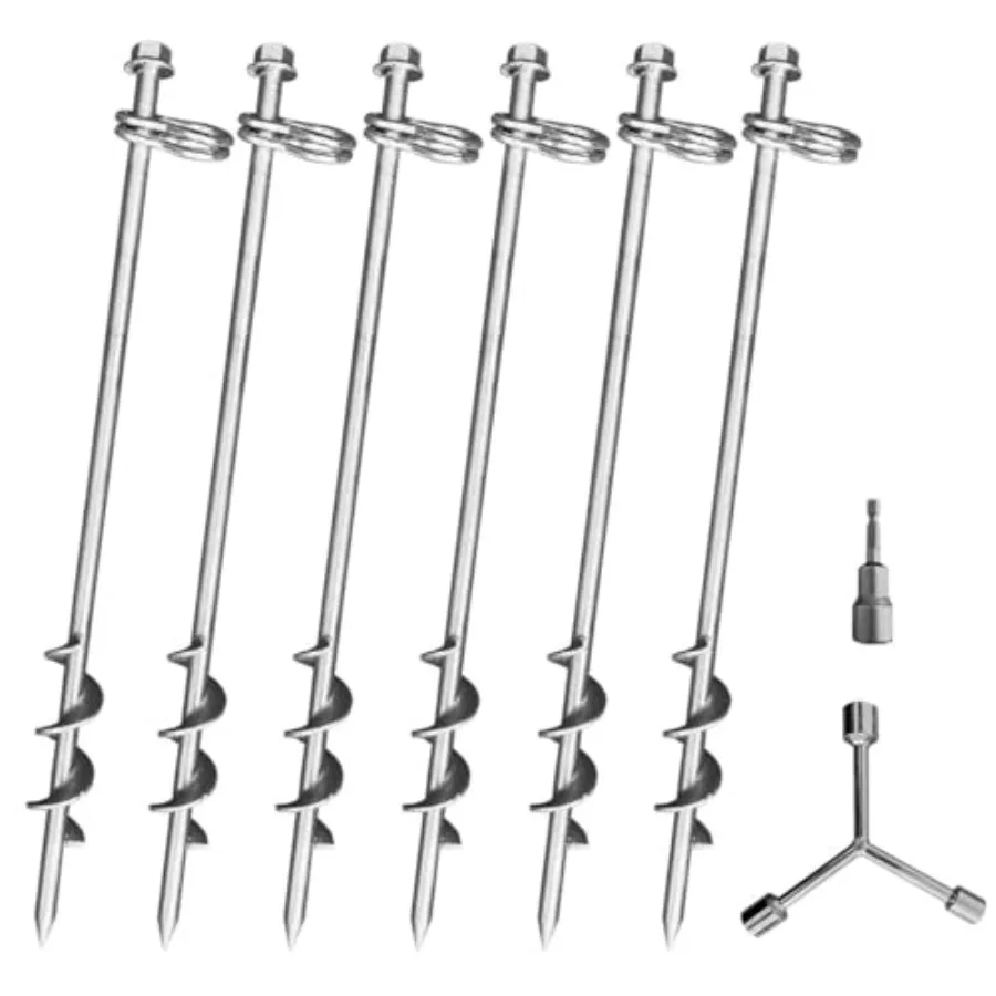 

Ground Anchors Screw in - 16 Inch Set of 6 - Tent Stakes Heavy Duty Double Arbitrary Direction Galvanized Kits for Swing and Tr