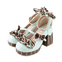 Sweet Girls Lolita High Heels Platform Shoes ,Young Women Students Cute Chocolate Candy Bowknots Ankle Strap Mary Janes