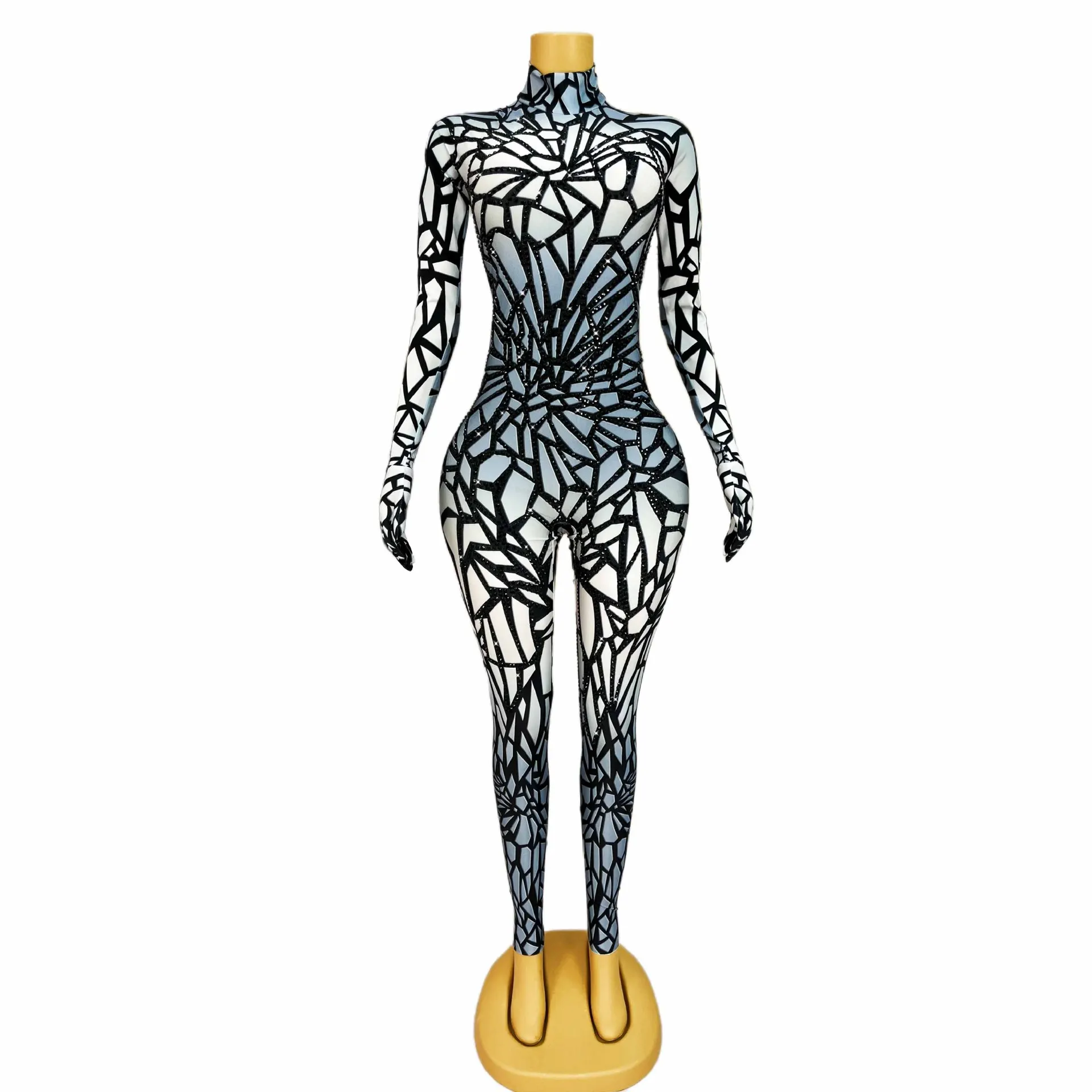 Glam Rhinestone Niche Jumpsuit Shiny Stage Costume Party Costume Shiny Dress Black Tech Vestido Luxo Festa Mini Vestido Glam Hot
