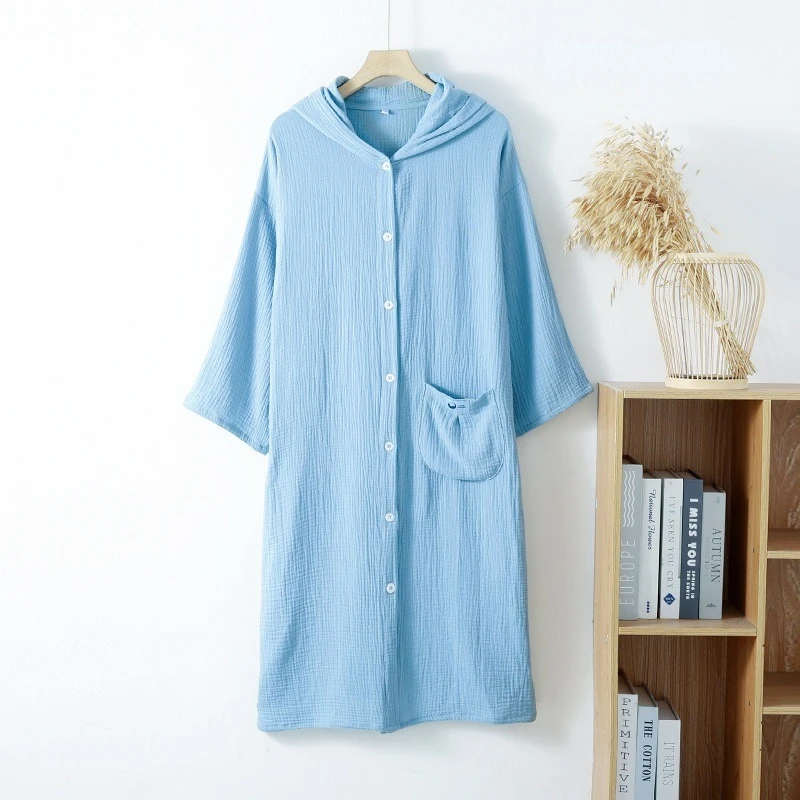 Double Yarn Cotton Loose Cardigan Button-up Hooded Long-sleeved Bathrobe Nightgown Solid Pocket Loungewear