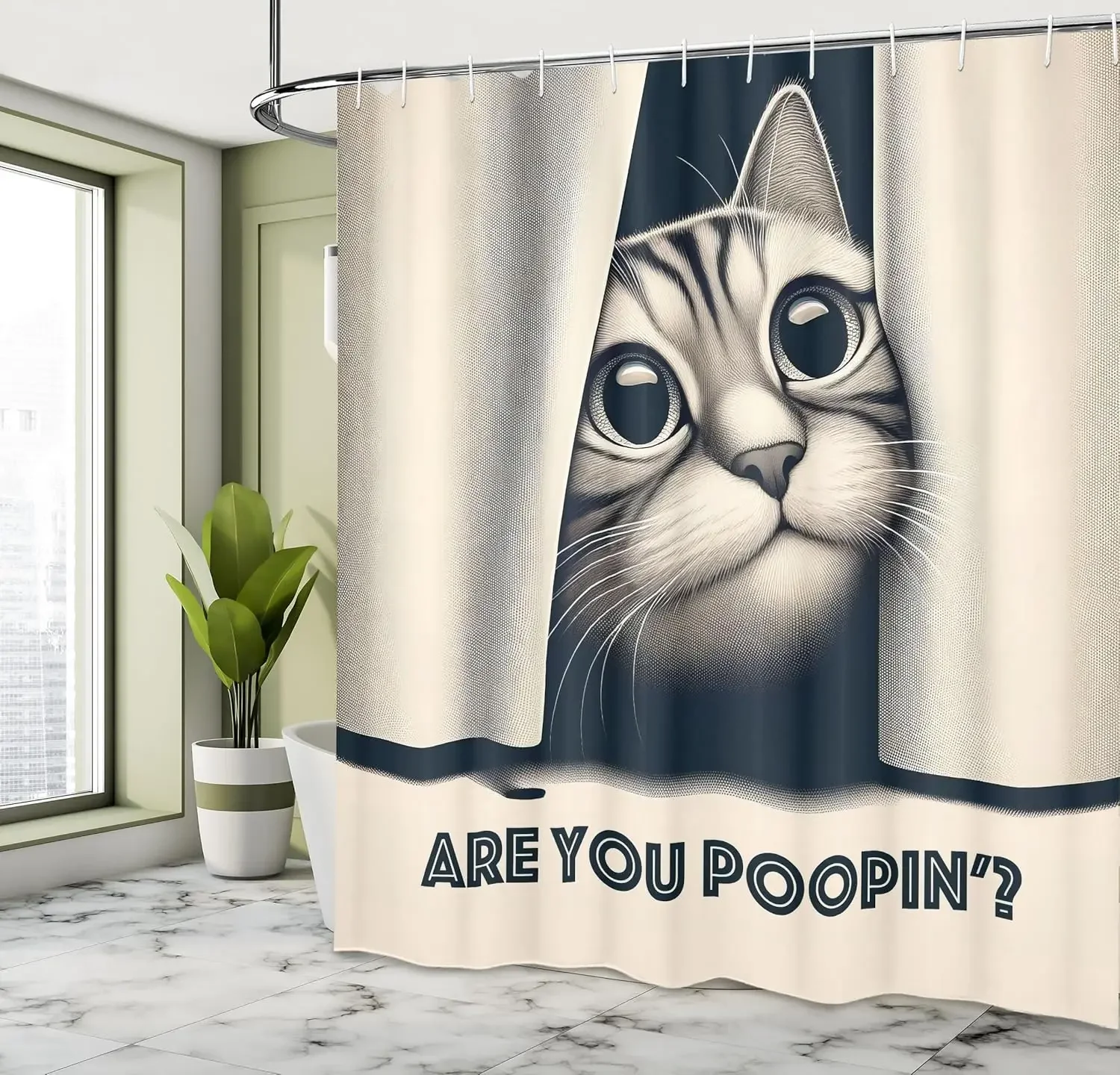 Vintage effect funny whimsical humor cat shower curtain fabric bathroom decoration shower curtain with hook, Multiple sizes