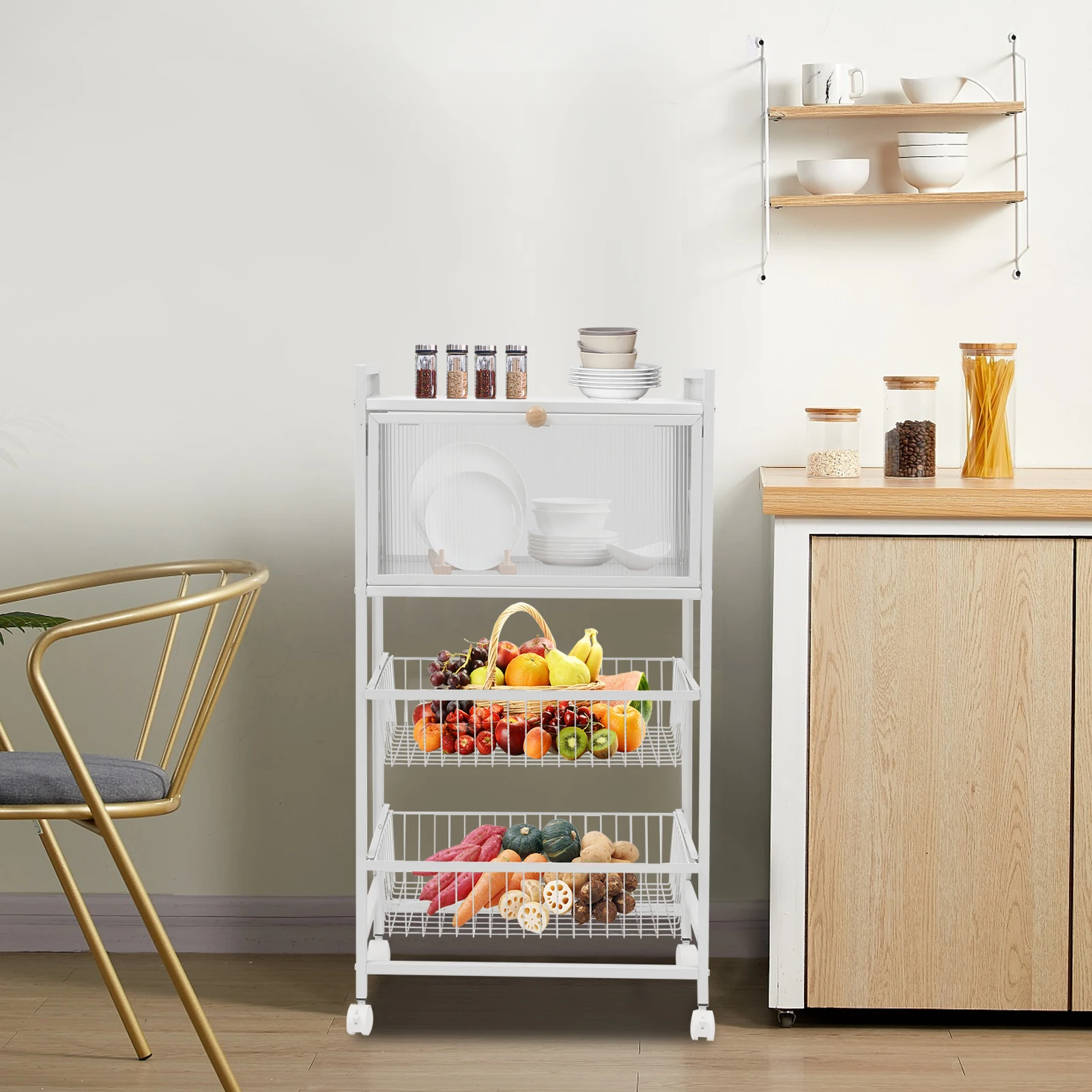 رف منظم المطبخ مكون من 4 طبقات، عربة دوارة مقاس 21.6 × 10.8 بوصة، رف تخزين المطبخ مع عجلتين فرامل، رف تخزين متنقل #2