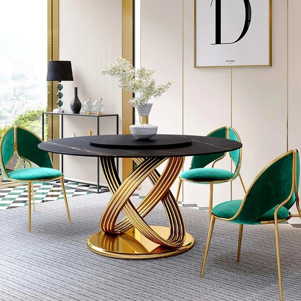Furniture Gold Metal Round Dining Table Luxury Dining Table Set Rotating Dining Table for Home