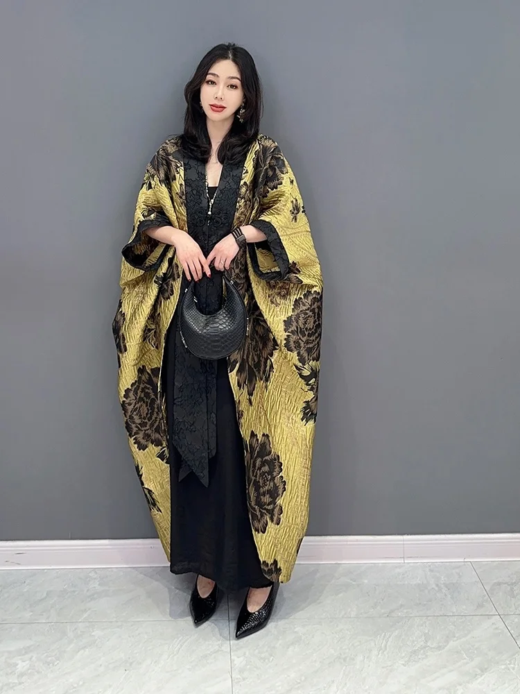 2024 Spring Summer New Dark Flower Trench Casual Large Bat Sleeve Cardigan Top Girl Versatile Chinese Style Trendy ZY574