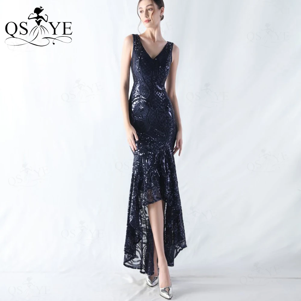

Navy High-low Prom Dresses Pattern Lace Tank V neck Evening Dress Backless Sequin Short Front Long Back Mermaid Formal Dress