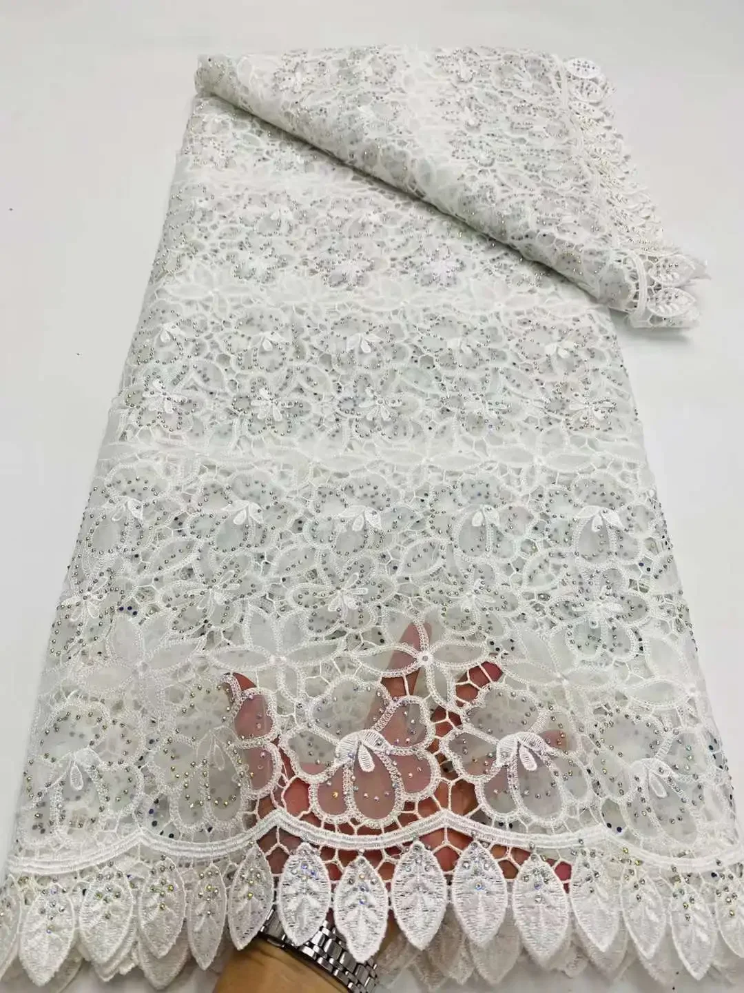 

Handcut Transparent Guipure Cord Organza Lace Fabric with Stones 5 Yards 6 Color Available DPS24120701