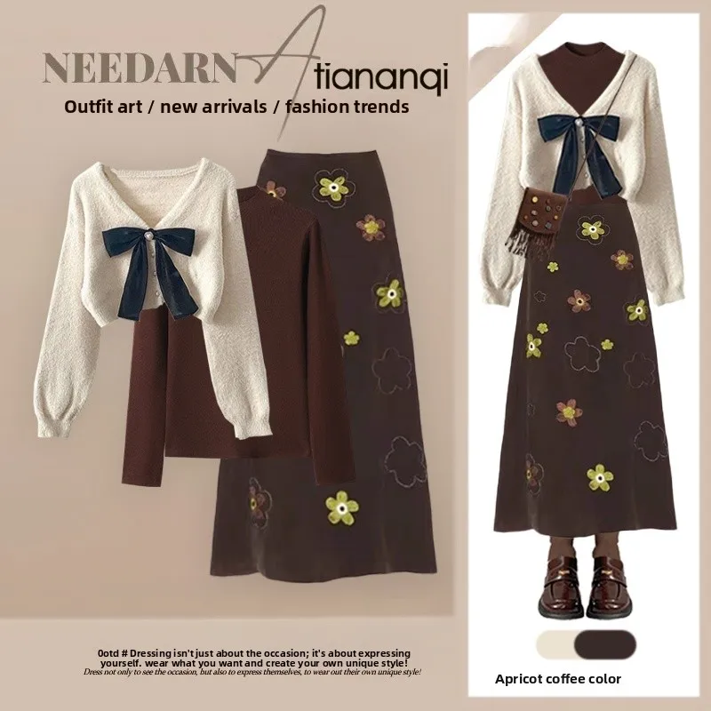 

Осенний модный тонкий свитер с узлом и свободным кроем, комплект из двух предметов: свитер и юбка, женский повседневный комплект