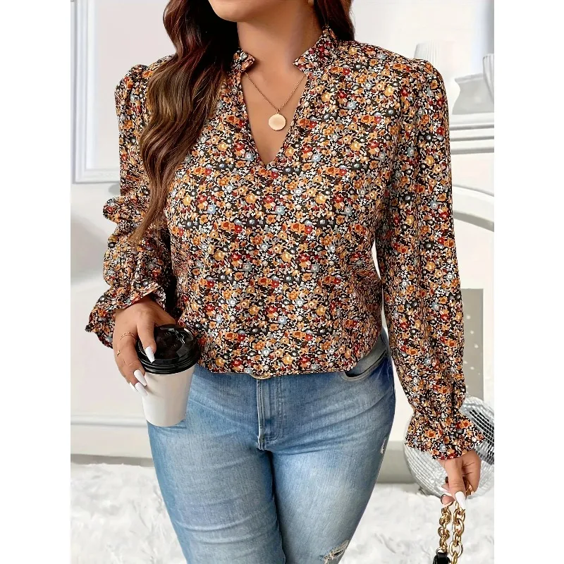 Plus Size 1XL-5XL Camicetta con maniche a balze con stampa floreale Ditsy casual delle nuove donne Camicia a maniche lunghe con scollo a V moda donna