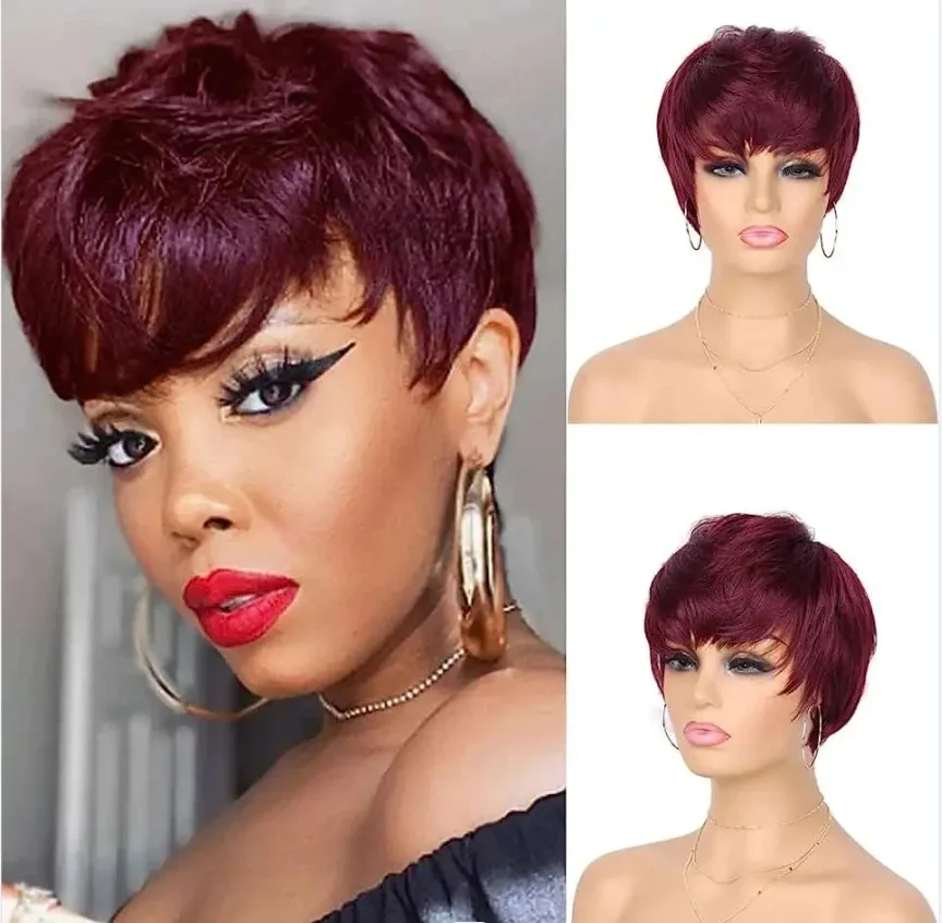 LUXURIOUS Burgundy 99J Colored Short Bob Remy Human Hair Wig With Bangs Glueless Pixie Cut Full Machine Made Wigs