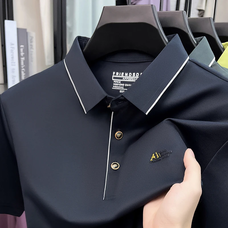 Luxury brand ice silk short sleeve polo shirt men's high-quality new fashion letter embossed breathable summer casual T-shirt
