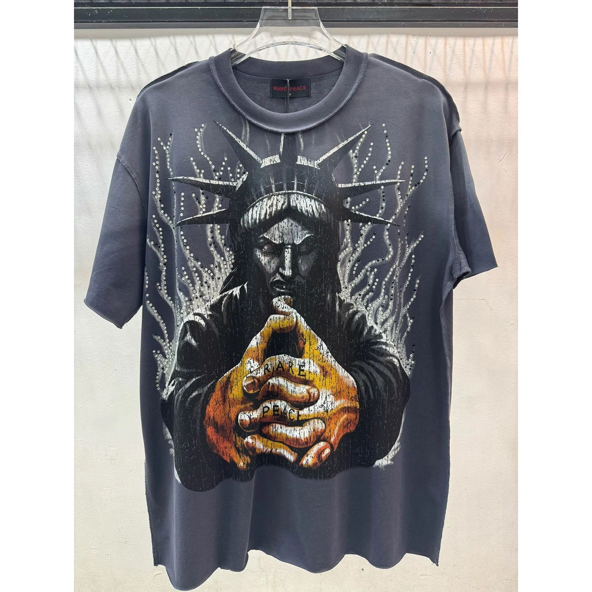 Jesus Liberty Crown Rhinestone Graphic Tee Mens Vintage Gradient Fade Wash Oversized West Coast Outfit Hip Hop Cotton T-Shirt