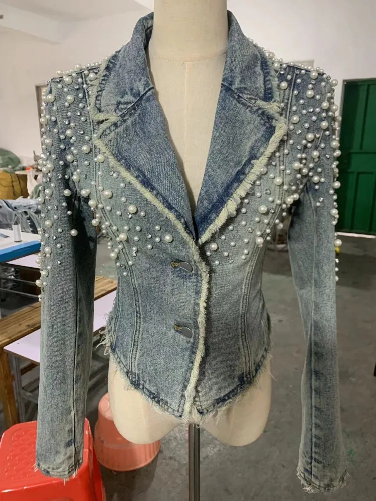 Spring Pearl Diamonds Beading Denim Jacket Women Vintage Notched Blue Slim Jeans Coat Female Long Sleeve Short Cowboy Outerwear