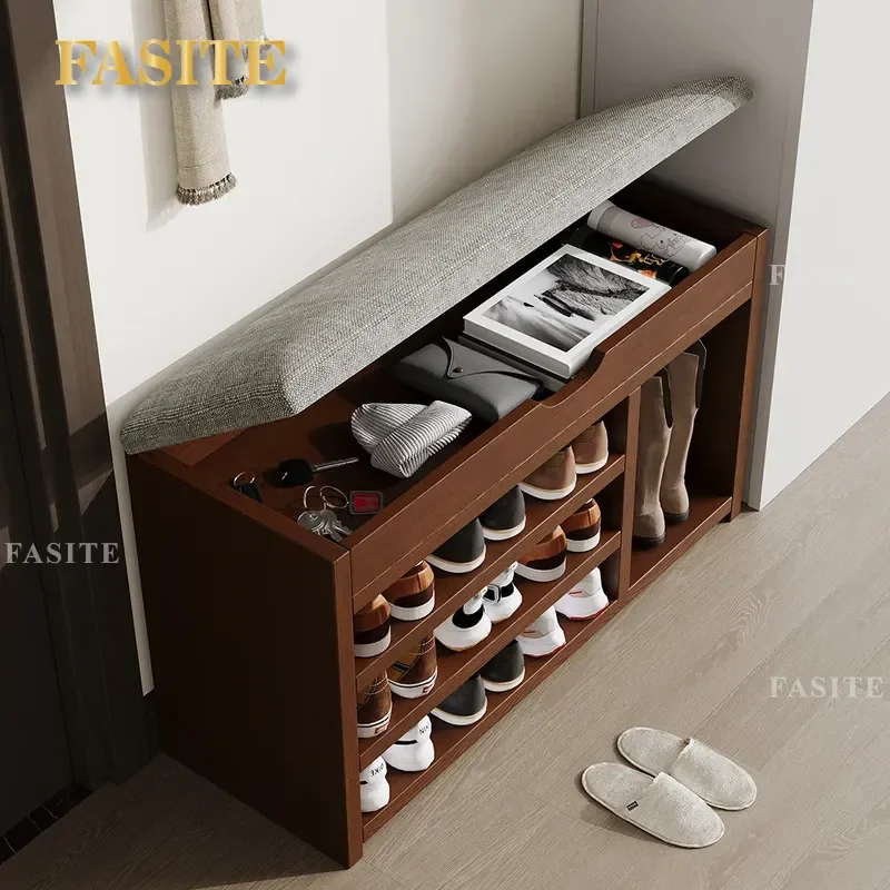 For Home Solid Wood Shoe Changing Stool Multi-layer Storage Rack Narrow Entryway Cabinet Integrated Seated Bench Space Saving