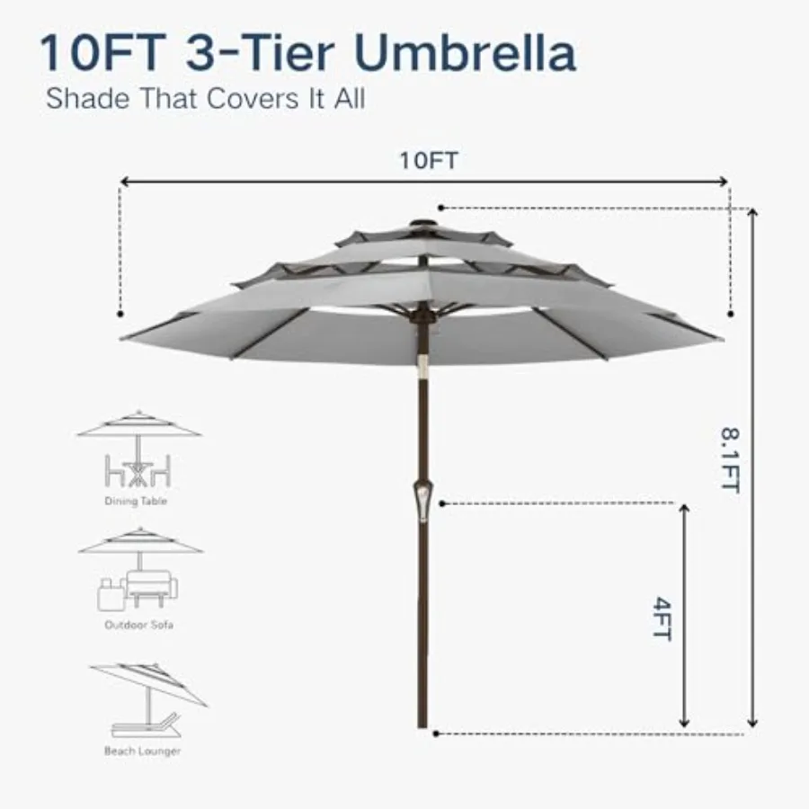 10Feet Patio Umbrella 3 Tiers Outdoor Market Umbrella w/Push Button Tilt, Crank, UV and Waterproof Table Umbrella for Garden, P