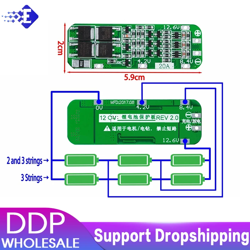 1pc 3S 20A Li-ion Lithium Battery 18650 Charger PCB BMS Protection Board 12.6V Cell 59x20x3.4mm Module