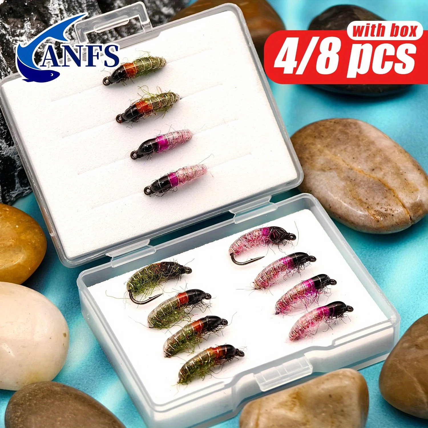 ANFS Scud Bug Wurm Nymphenfliegen mit Widerhaken, 4 Stück/8 Stück Forellenkarpfenangeln Fliegenköder mit Box, Angelzubehör