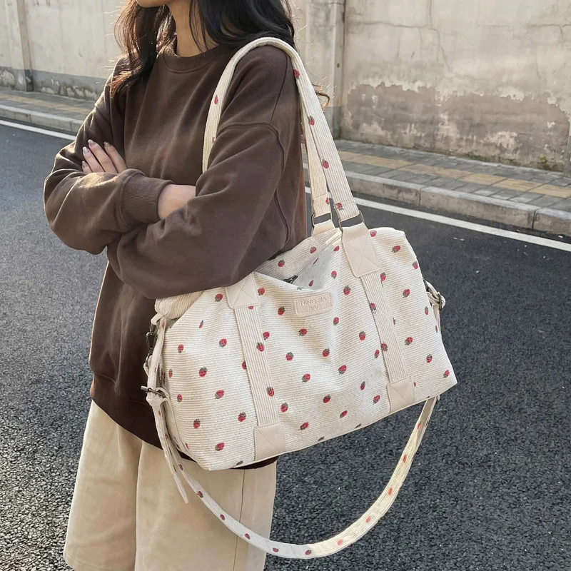 Corduroy Travel Tote Bag Large Capacity Strawberry Travel Handbag with Shoe Compartment Sports Fitness Bag for Women Droshipping view 3