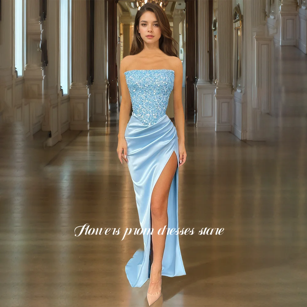 

Flowers Prom Strapless Evening Dresses Satin Sequined Prom Dresses High Slit Party Dress for Women Vestidos De Fiesta