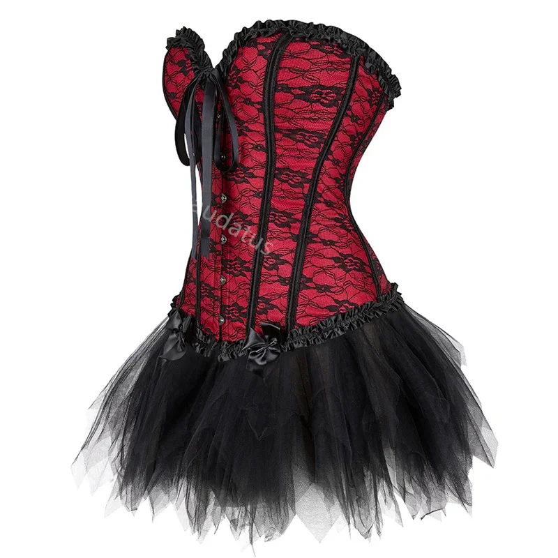 Corset Dress for Women Tutu Skrits Set Overbust With Lace Costume Party Sexy Burlesque Ladies Basques Outfit Plus Size Gothic