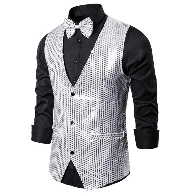 Mens Sequin Vest Wedding Party Groom Best Man Host Master of Ceremonies Fashion V-Neck Vest Jacket Stage Performance Dress Vests