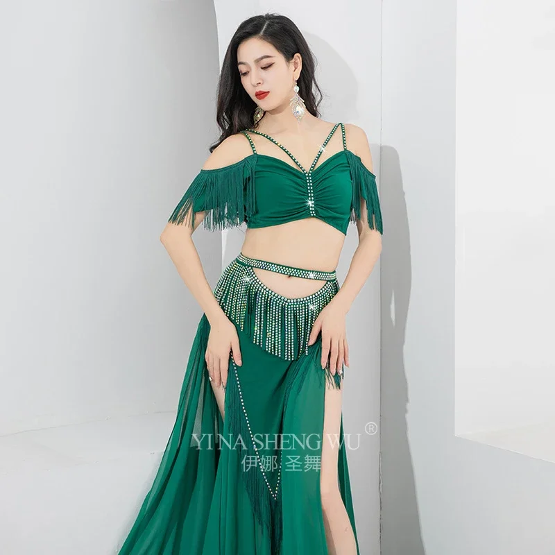 الرقص الشرقي افتتاح الرقص الأحمر زي الخامس الرقبة أكمام أعلى + AB الأحجار شرابة تنورة طويلة 2 قطعة أزياء مسرحية الرقص الشرقي #6