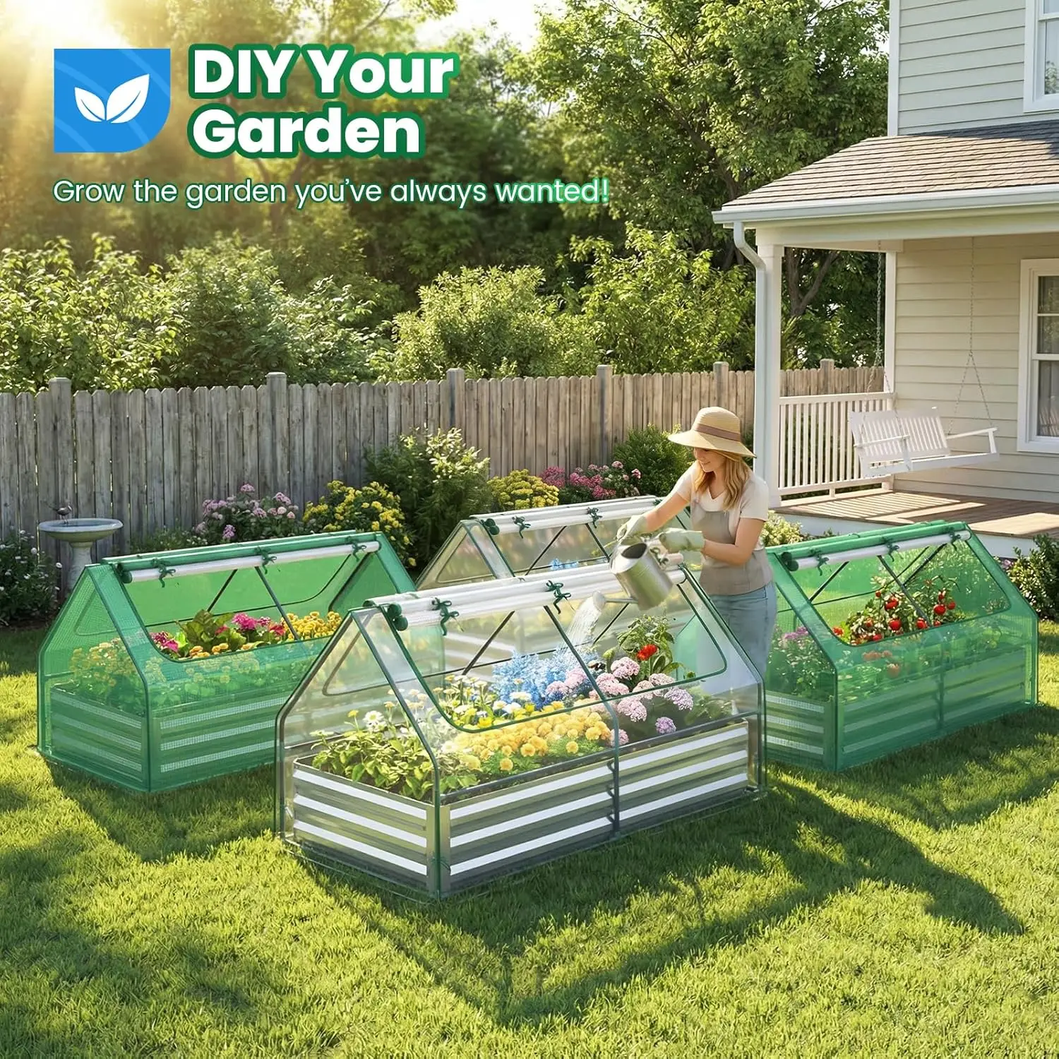 Outdoor Gardening Galvanized Metal Planter Box with Cover, Clear, Mini Greenhouse for Growing Vegetables