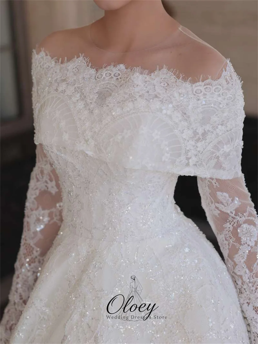 OLOEY Customized Gorgeous Sequin Lace Off The Shoulder Bridal Gown A-Line Long Sleeve Wedding Dresses For Woman فساتين زفاف