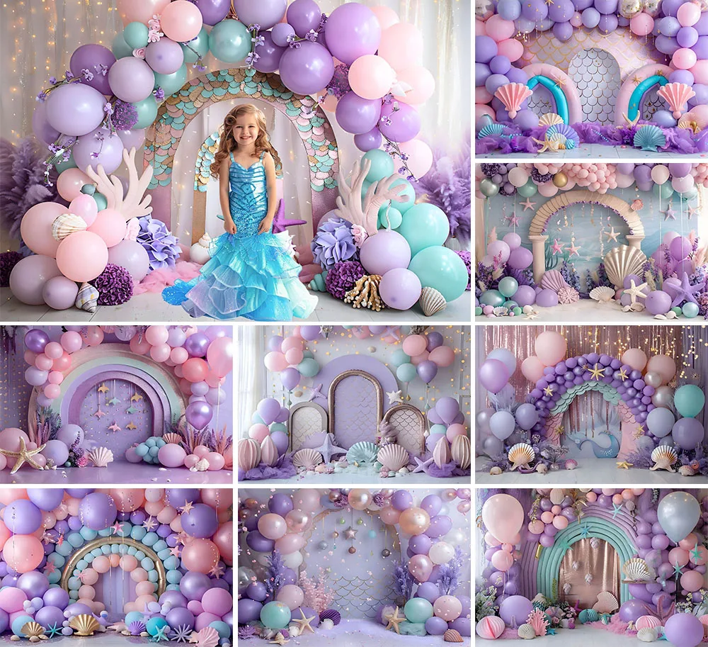 

Mehofond Photography Background Mermaid Purple Balloons Princess Girls Birthday Cake Smash Portrait Decor Backdrop Photo Studio