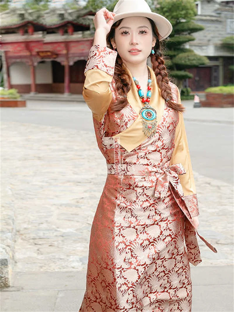 نيبال التبتية العرقية زي المرأة لاسا الاتجاه فستان الرجعية التقليدية شيزانغ رداء الربيع الصيف بولا Guozhuang ثوب TP070