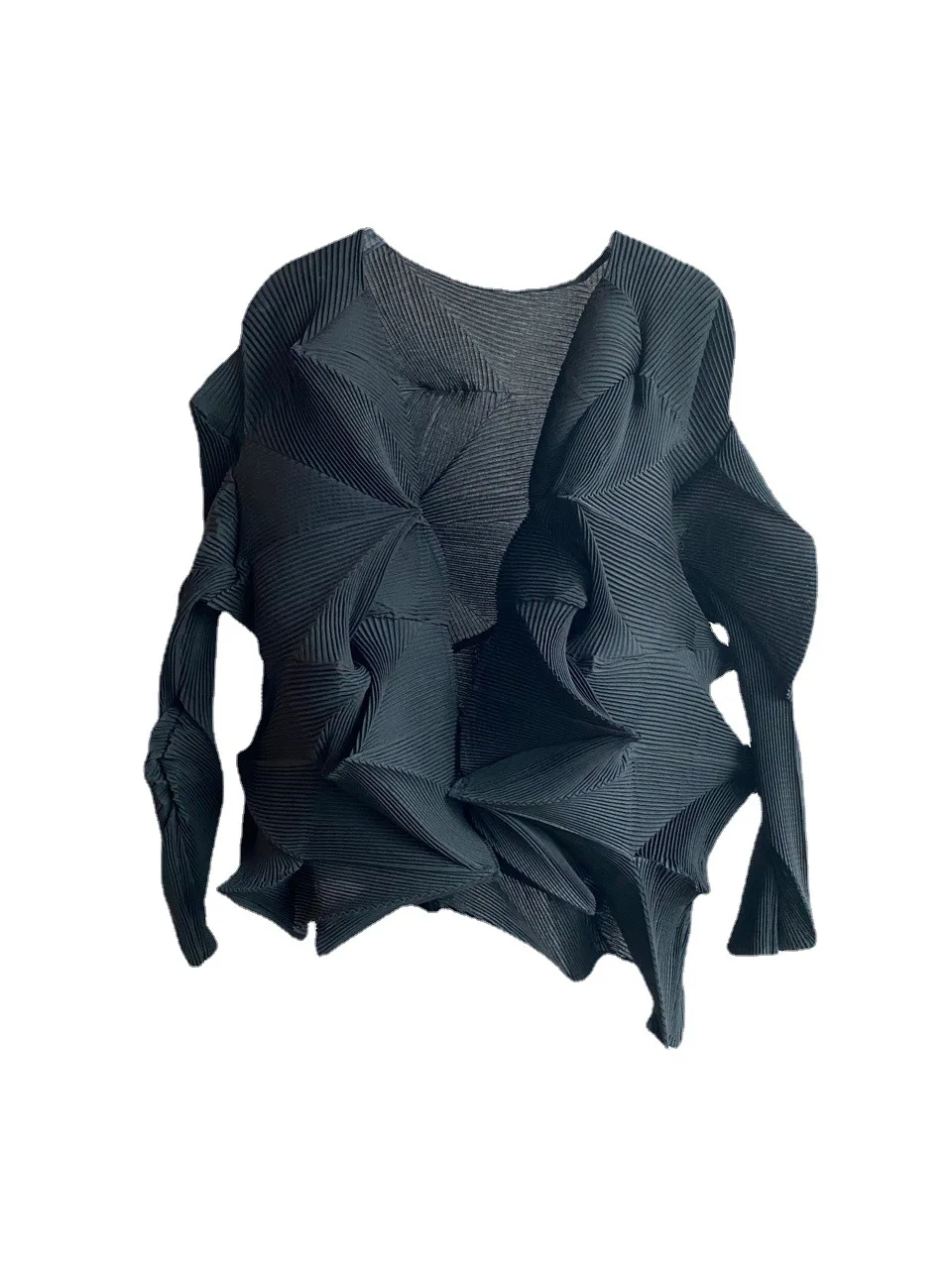 Miyake-Chaqueta de manga larga para mujer, cárdigan plisado, holgado, color liso, talla grande, moda urbana