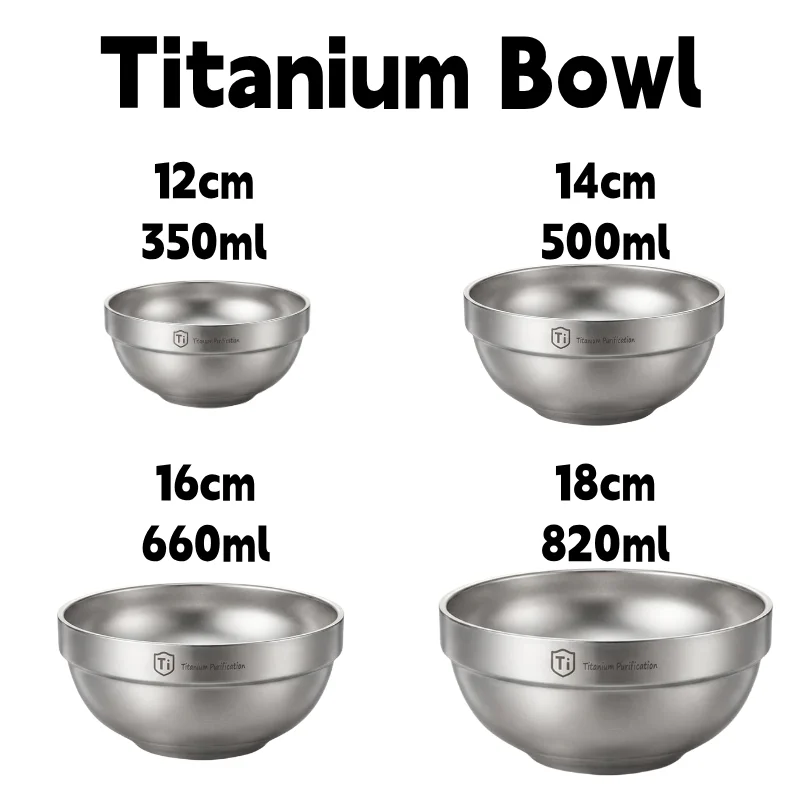 Titanium Double‑Layer Oatmeal Food Soup Bowl Camping Large Meal Bowl Plate Salad Dishes Antibacterial Light‑Weight Five Sizes