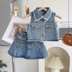 2-piece Blue Denim Set with Sleeveless Ruffled Jacket and Pleated Skirt for Casual Girls Summer Fashion Set with Denim Clothing