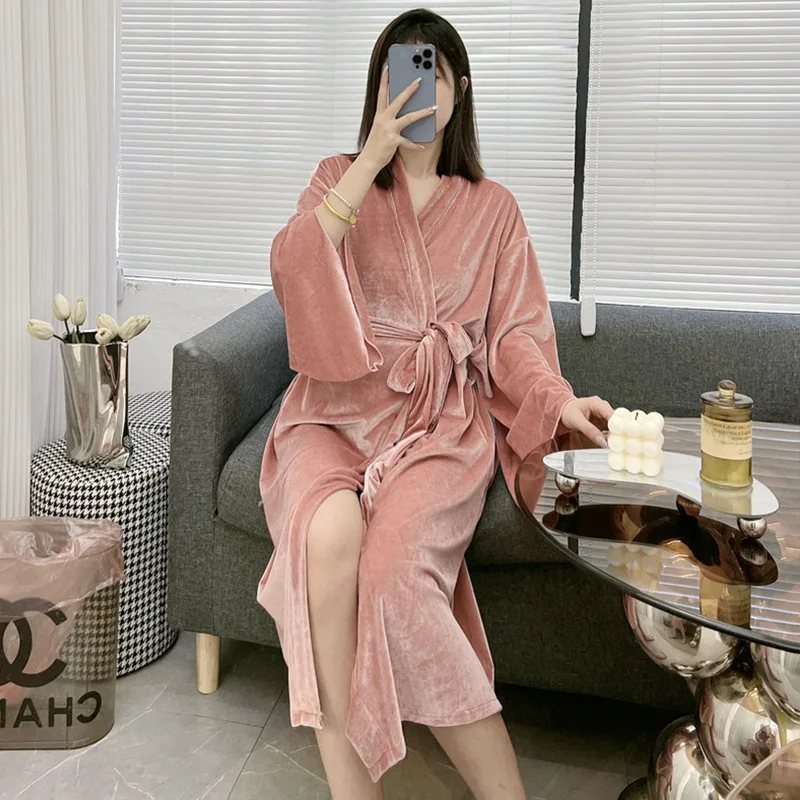 Winter New Robe Women Bride Wedding Bathrobe Warm Velour Sleepwear Nightgown Loose Kimono Nightwear Loungewear Intimate Lingerie