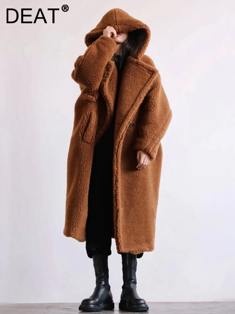 DEAT Fashion Women\'s Faux Fur Coat Hooded Loose Single Button Long Sleeve Solid Color Thick Warm Jackets Winter 2024 New 7AB5031