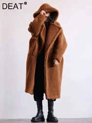 DEAT moda donna cappotto di pelliccia sintetica con cappuccio sciolto singolo bottone manica lunga tinta unita giacche calde spesse inverno 2024 nuovo 7 ab5031