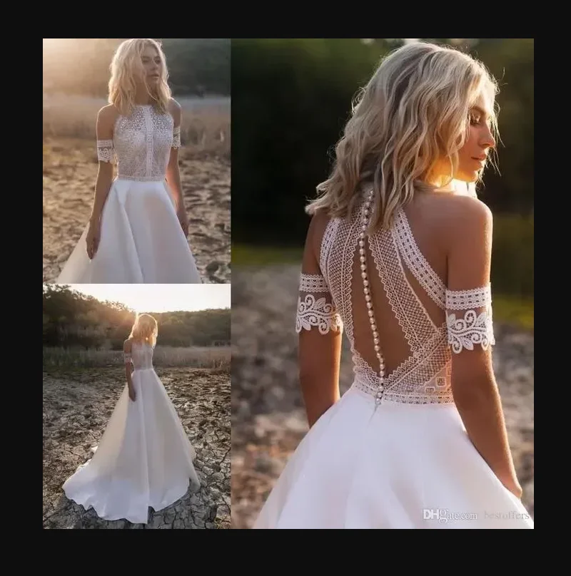 Vestidos De novia bohemios De jardín occidental, vestidos De novia De satén con encaje y cuello joya, vestido De novia con botones en la espalda, bata De playa De talla grande